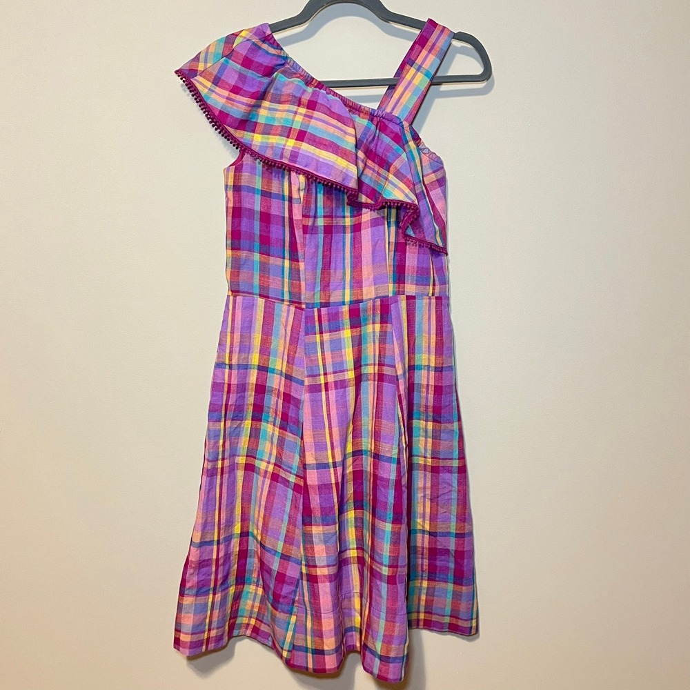 Isaac Mizrahi Live Madras Plaid One Shoulder Ruffle Dress Pink Multicolor Size 0